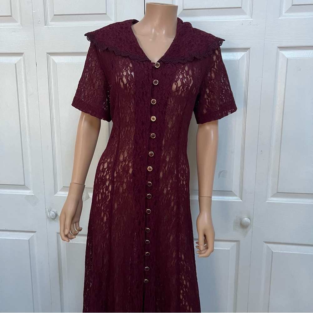 VTG Burgundy Lace Button-Down Long Dress Size L Short Sleeve - Picture 10 of 16